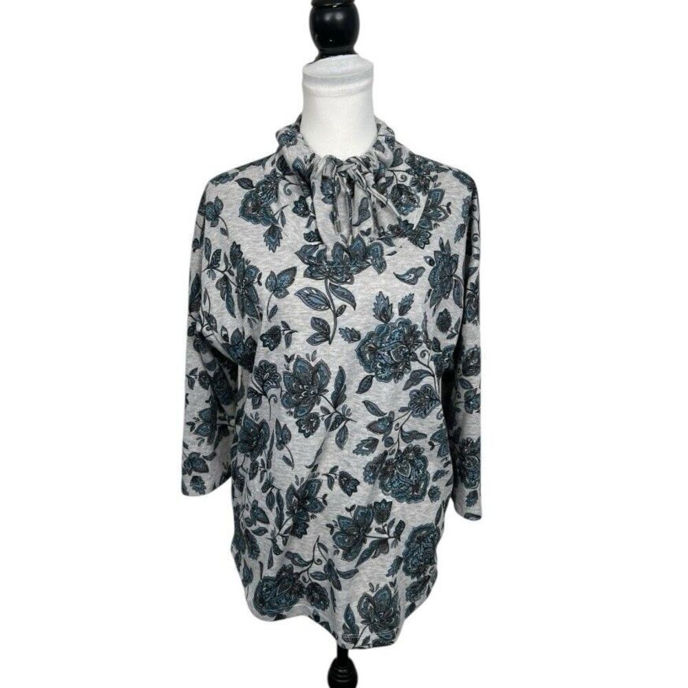 Ruby Rd Knit Blouse Size L Floral Cowl Neck 3/4 Sleeves Pullover Multicolor